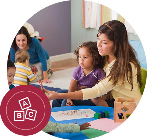 A woman and two children playing with toys.