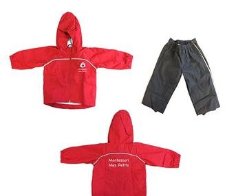 A red rain suit with two pants and one jacket.