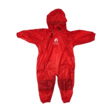 A red rain suit is shown with the hood up.